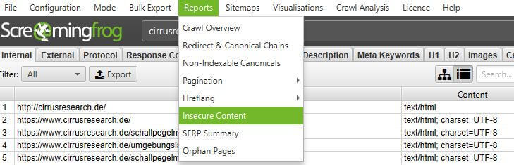 Mixed Content prüfen mit Screaming Frog Mixed Content Checker Screaming Frog