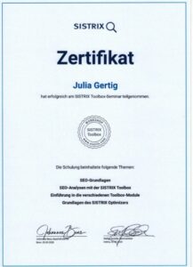 Sistrix Zertifikat von Julia Gertig